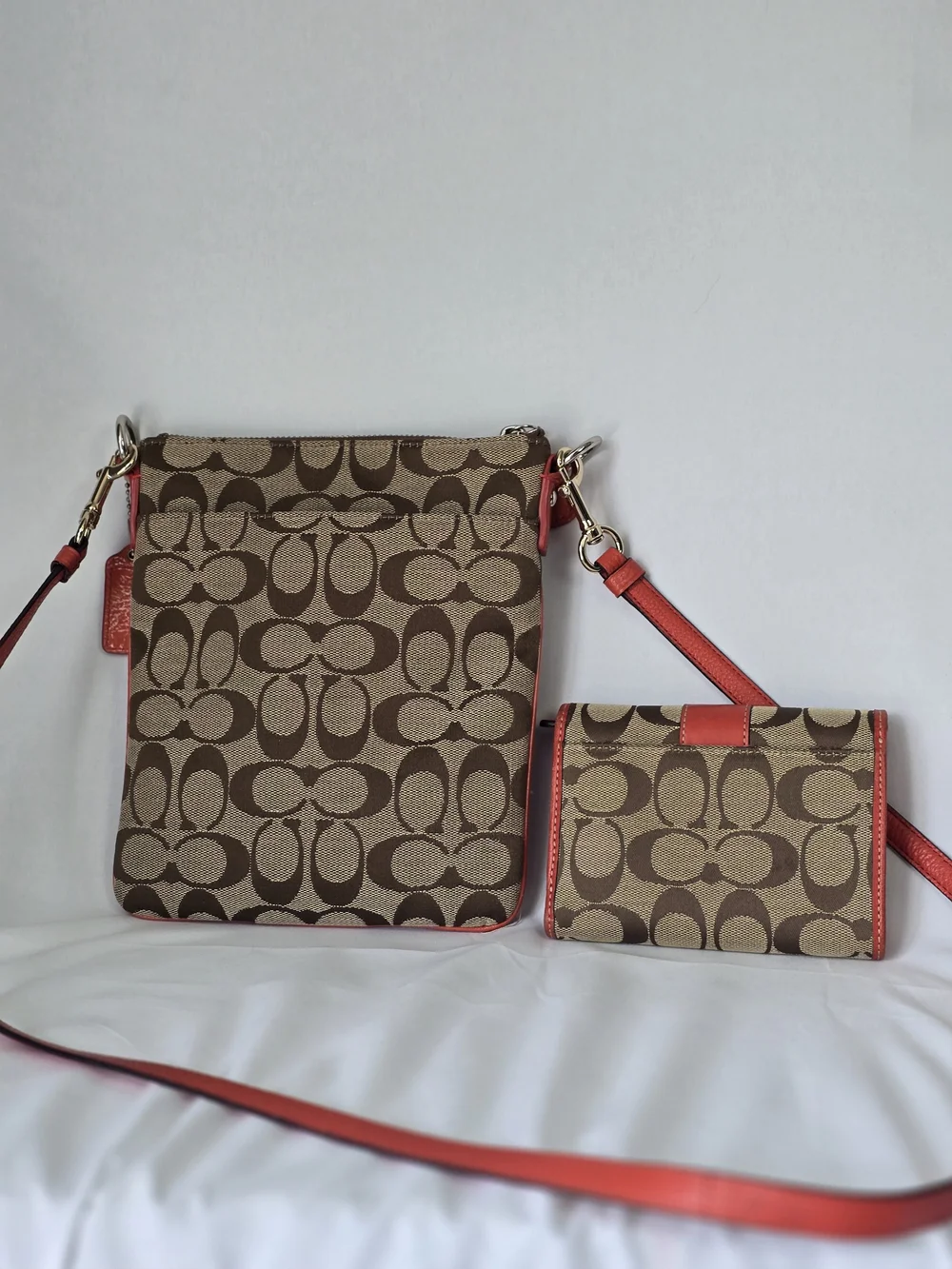 Coach Brown Signature Canvas Crossbody with Coral Trim and Matching Wallet